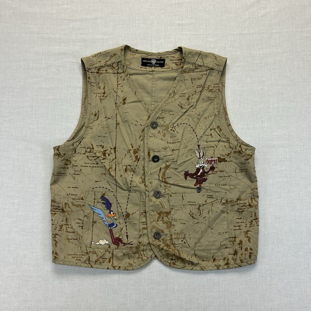 Vintage Warner Bros Vest Womens Large Tan Looney Tunes Road Runner Coyote Map